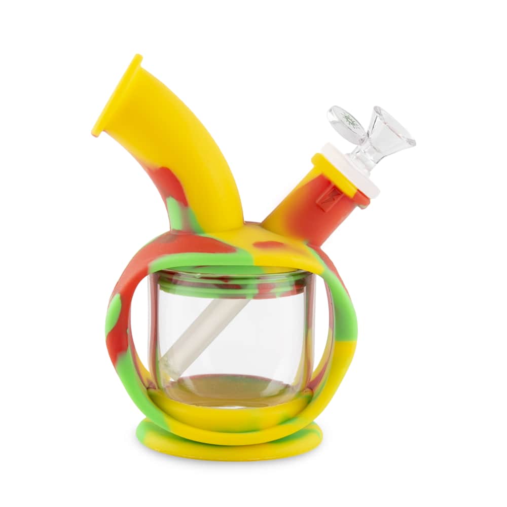 A close-up, angled view of the Ooze Kettle Silicone Bubbler, showcasing its colorful, bulbous shape and clear glass downstem.
