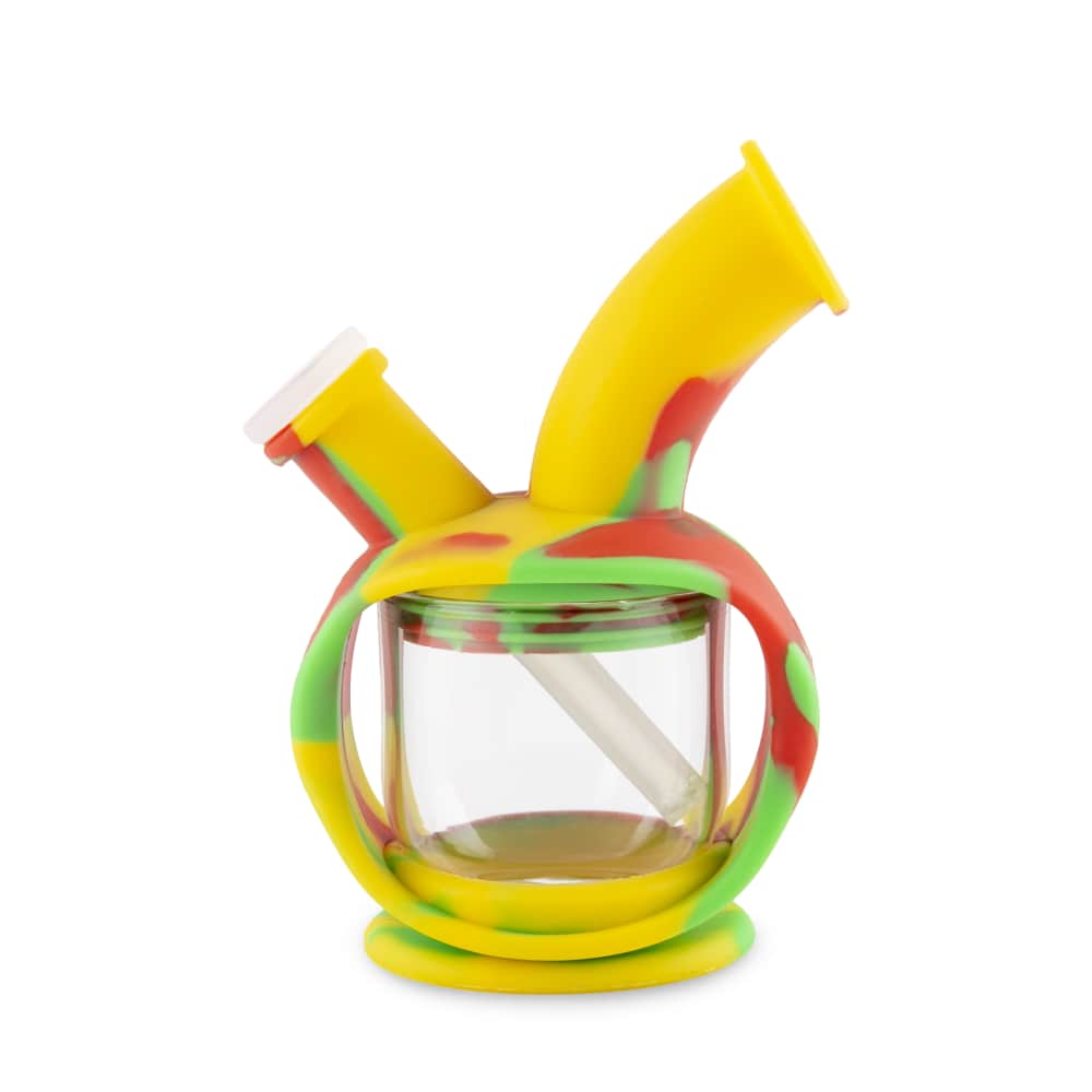 A front view of the Ooze Kettle Silicone Bubbler, showcasing its colorful, rounded shape and clear glass downstem.