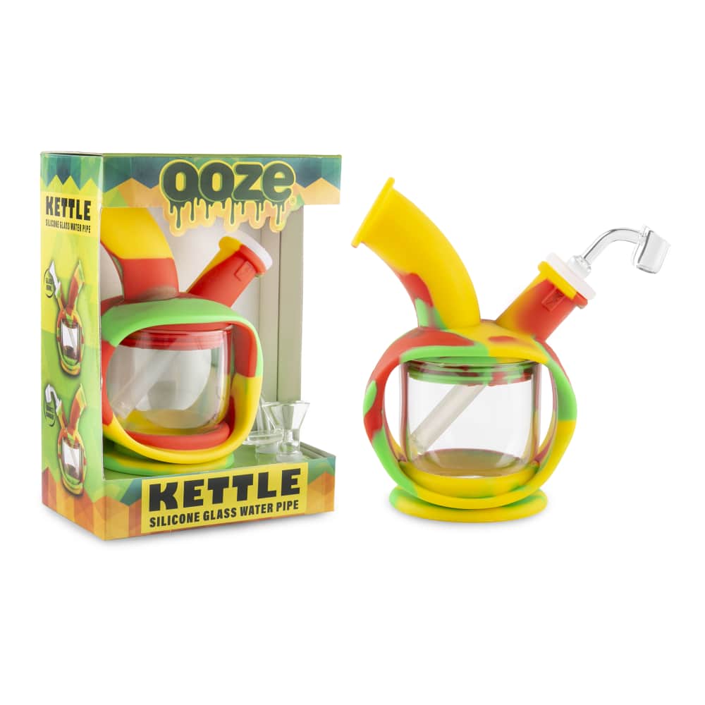 Front view of the Ooze Kettle Silicone Bubbler, a compact, colorful water pipe against a plain white background.