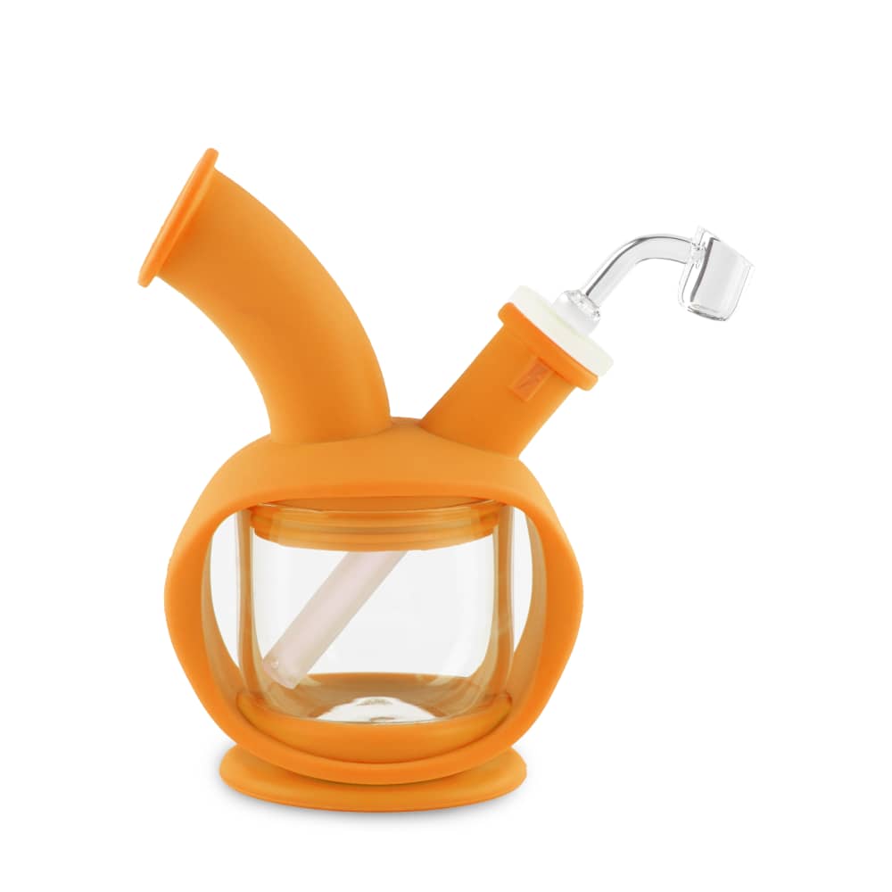 A front view of the Ooze Kettle Silicone Bubbler, showcasing the clear glass bubbler encased within a colorful silicone frame.