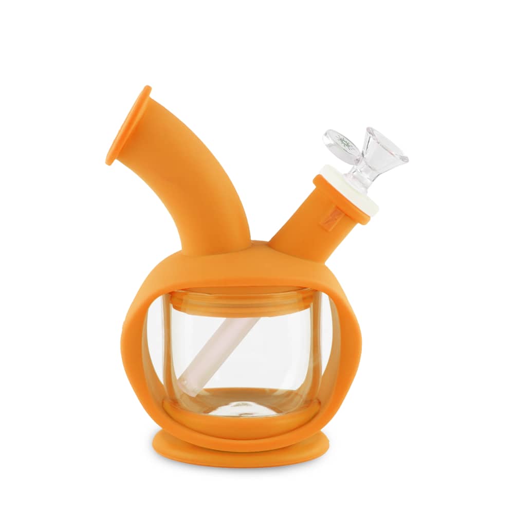 A front view of the Ooze Kettle Silicone Bubbler, showcasing its clear chamber and rounded design against a plain white background.