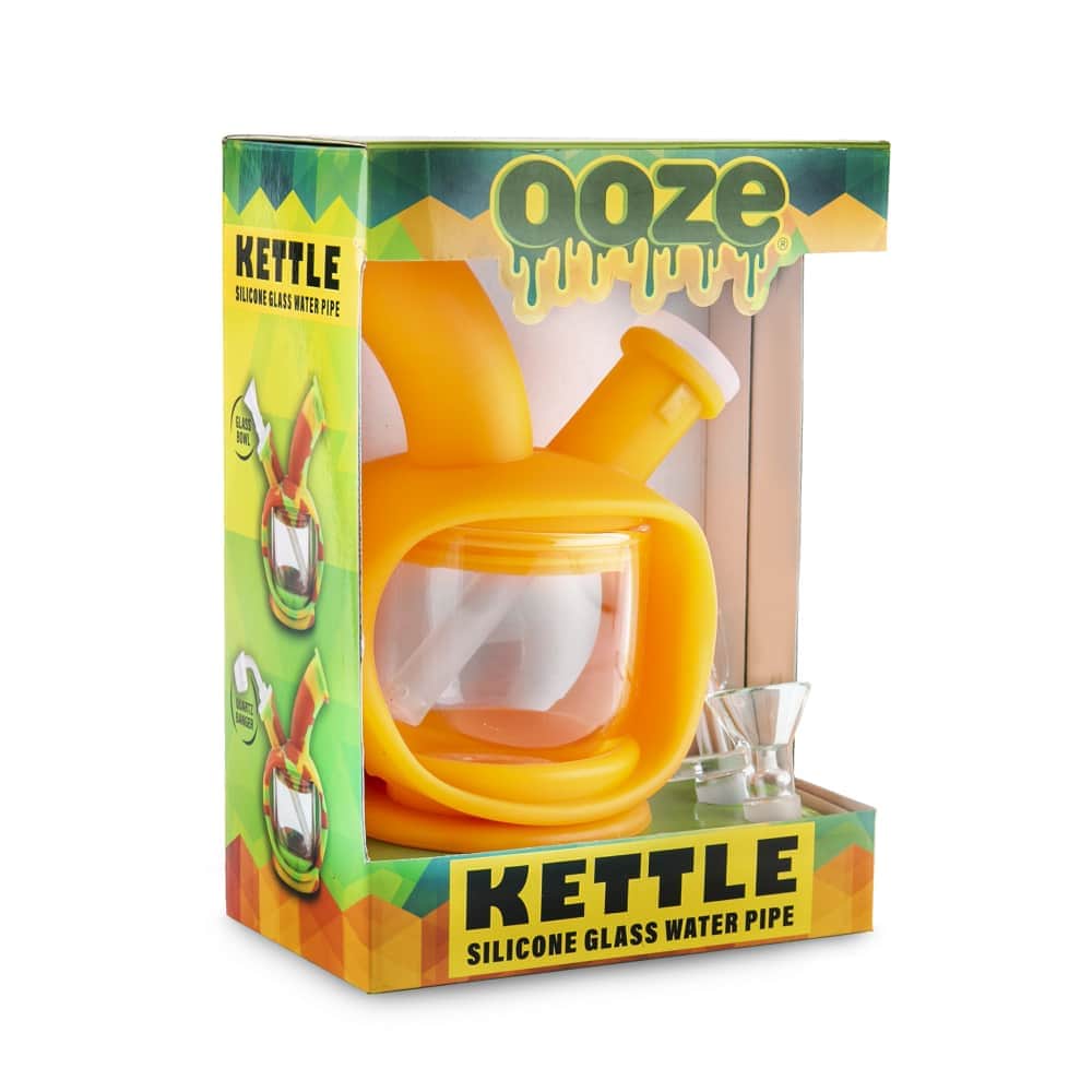 Front view of the Ooze Kettle Silicone Bubbler, showcasing its transparent body and angled neck against a simple background.