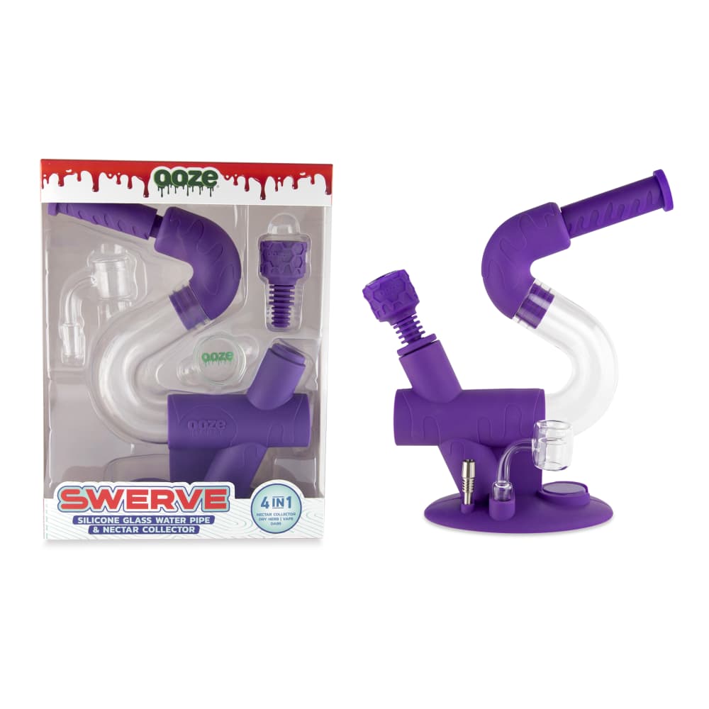 A studio shot of the Ooze Swerve Silicone Water Pipe, angled to show its curved design and purple hue against a plain white backdrop.