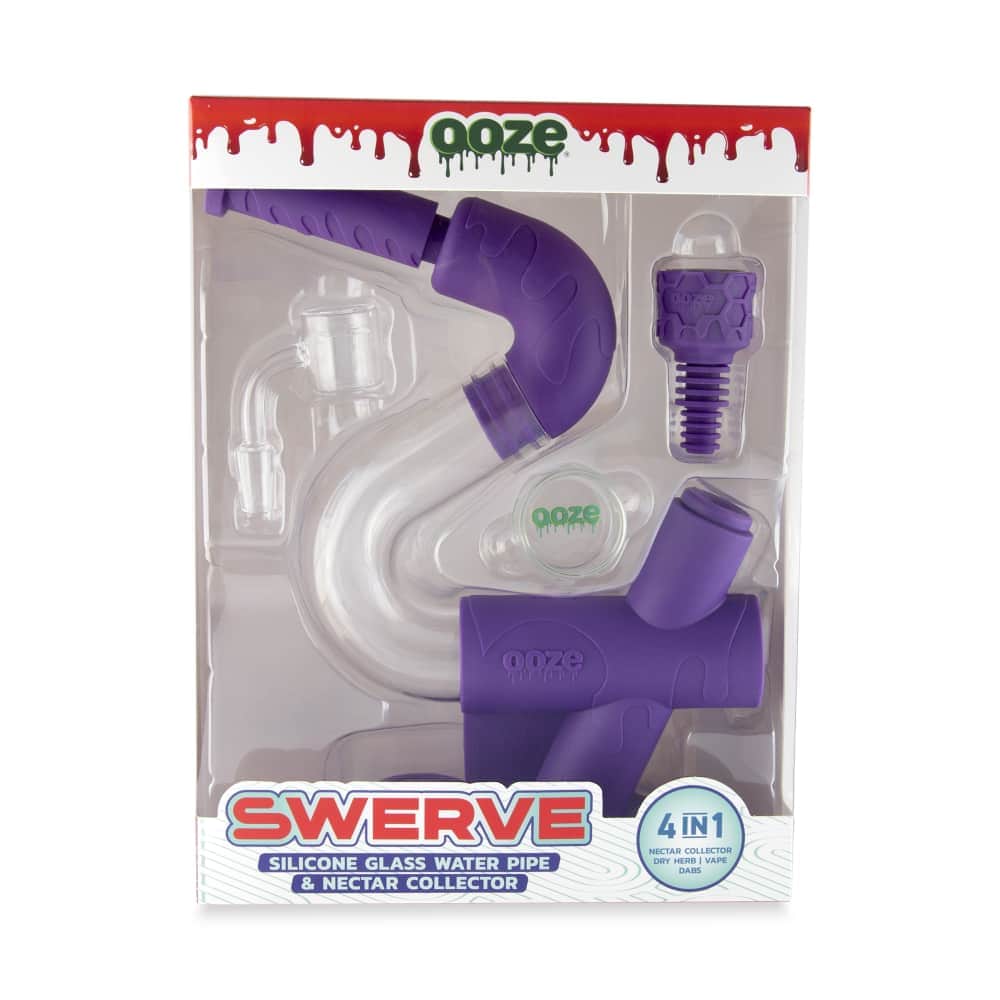 Front view of the Ooze Swerve Silicone Water Pipe, showing a colorful, curved design against a black background.