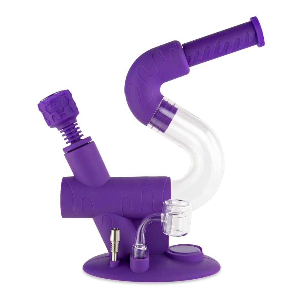 Front view of the Ooze Swerve Silicone Water Pipe, displaying its purple, curved design and clear mouthpiece against a plain white background.