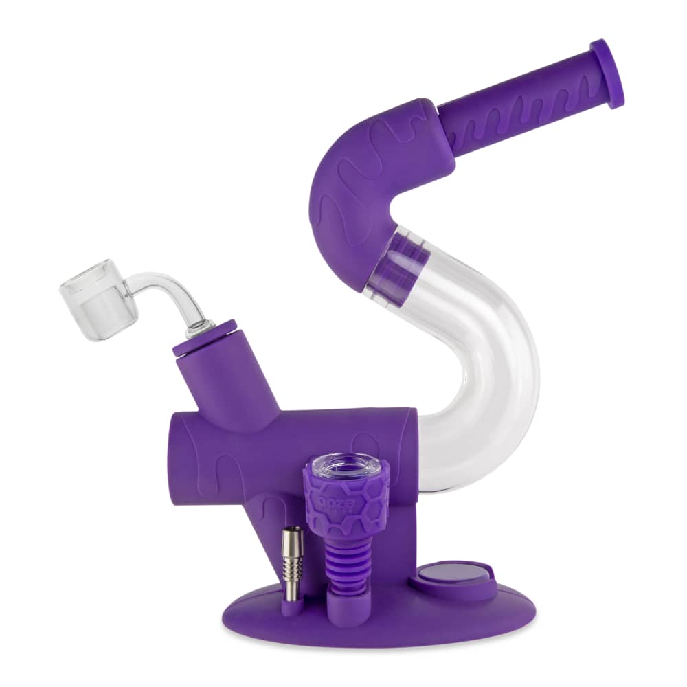 A three-quarter view of the Ooze Swerve Silicone Water Pipe, showcasing its curved design and clear glass downstem against a plain white background.