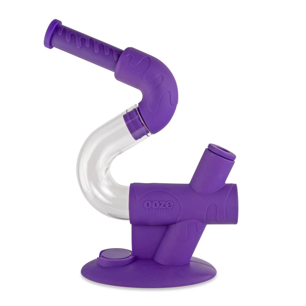Front view of the Ooze Swerve Silicone Water Pipe, a purple, curved water pipe against a plain white background.