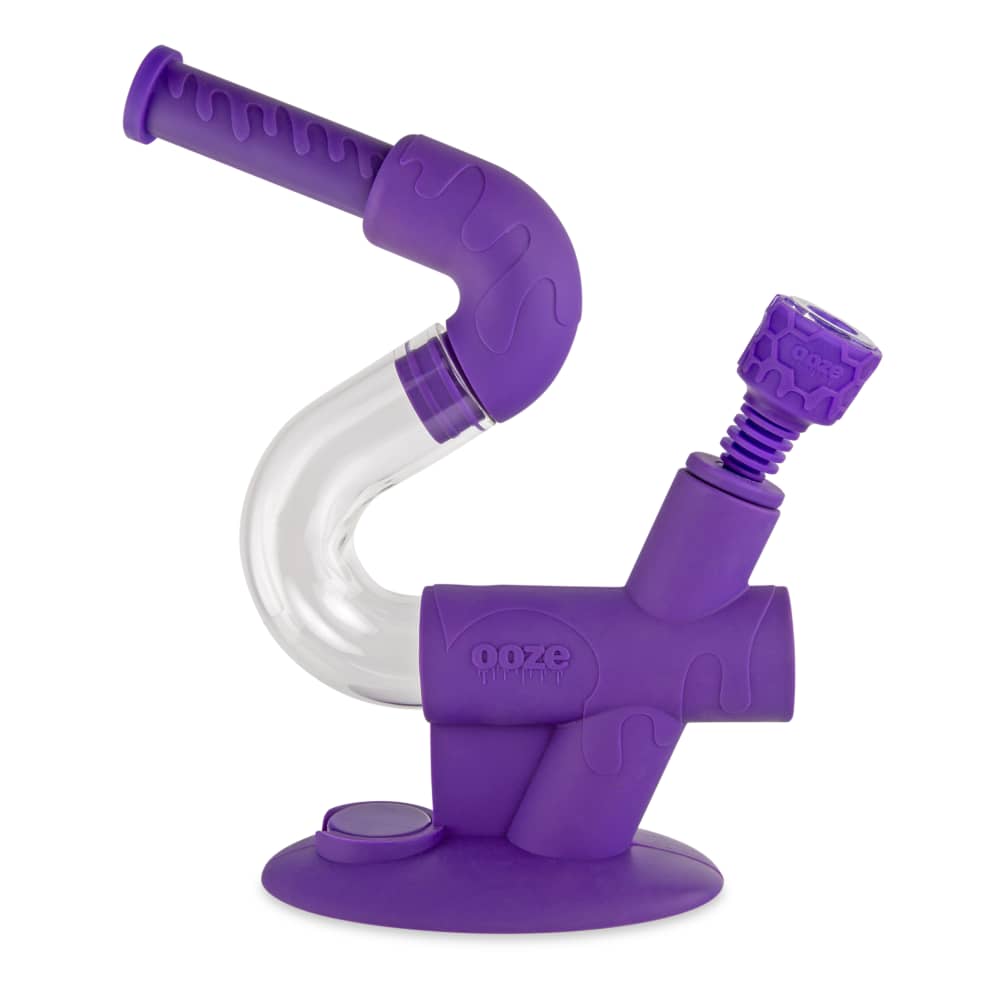 A front view of the Ooze Swerve Silicone Water Pipe, showcasing its curved design and purple hue against a plain white background.