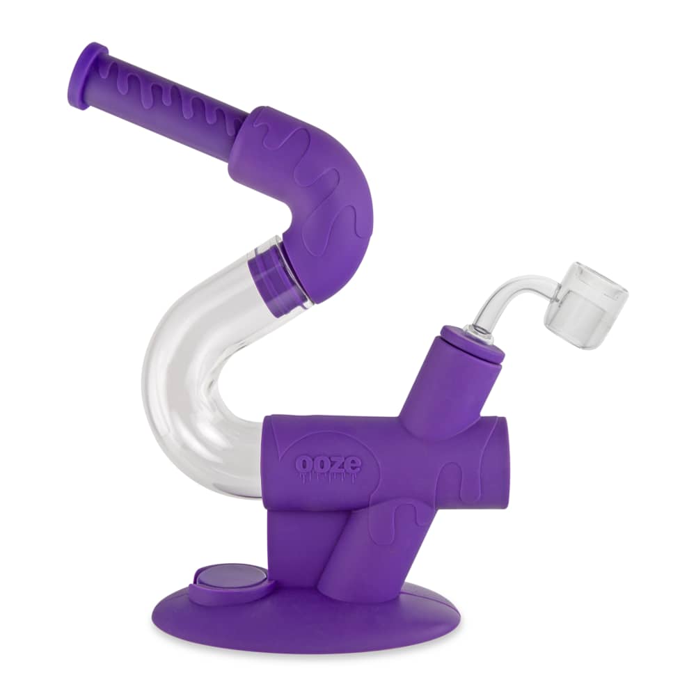 Front view of the Ooze Swerve Silicone Water Pipe, showcasing its purple, rounded form and clear glass bowl.