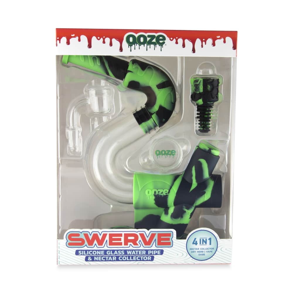 A studio shot displays the Ooze Swerve Silicone Water Pipe, featuring a colorful, textured design against a plain white backdrop.