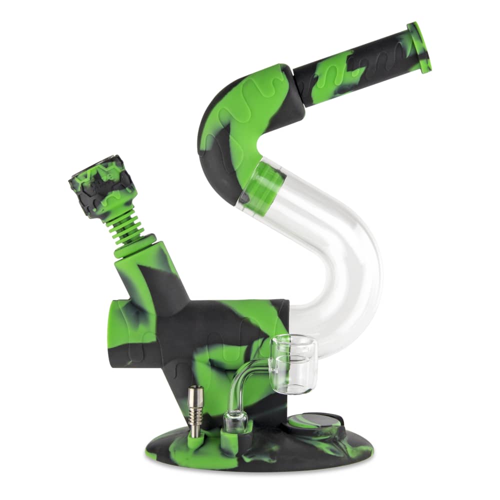 A front view of the Ooze Swerve Silicone Water Pipe, featuring a green and black swirled design and a curved neck.