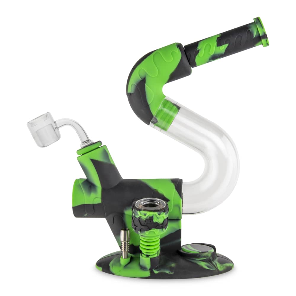 Front view of the Ooze Swerve Silicone Water Pipe, showcasing its curved neck and green-and-black marbled design against a plain white background.