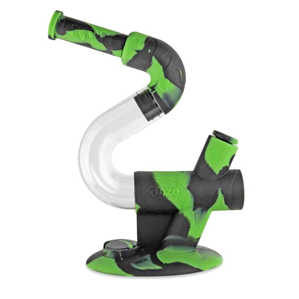 A studio shot of the Ooze Swerve Silicone Water Pipe, showing the curved neck and colorful design against a plain white backdrop.