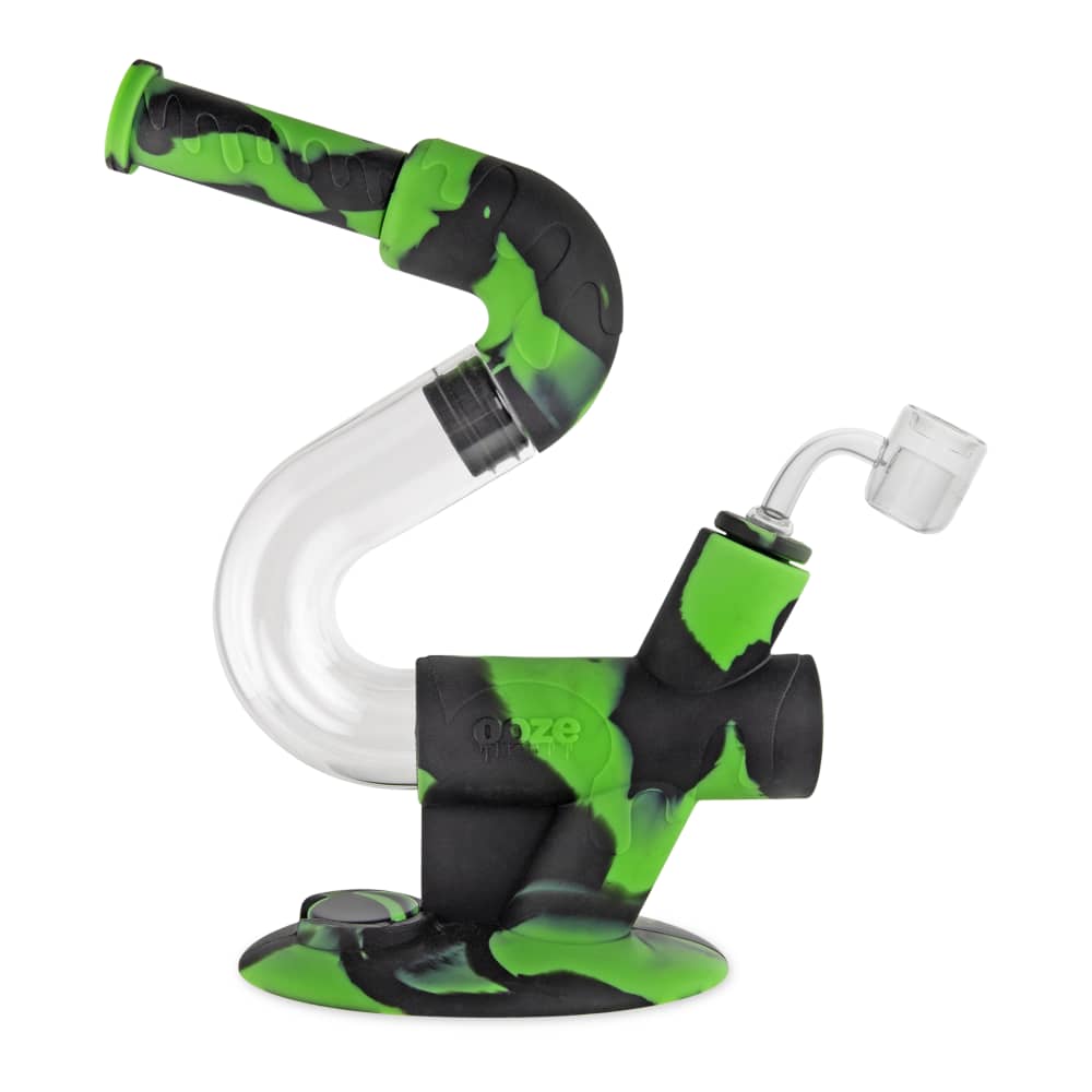 A front view of the Ooze Swerve Silicone Water Pipe, showing its green and black patterned design against a plain white background.