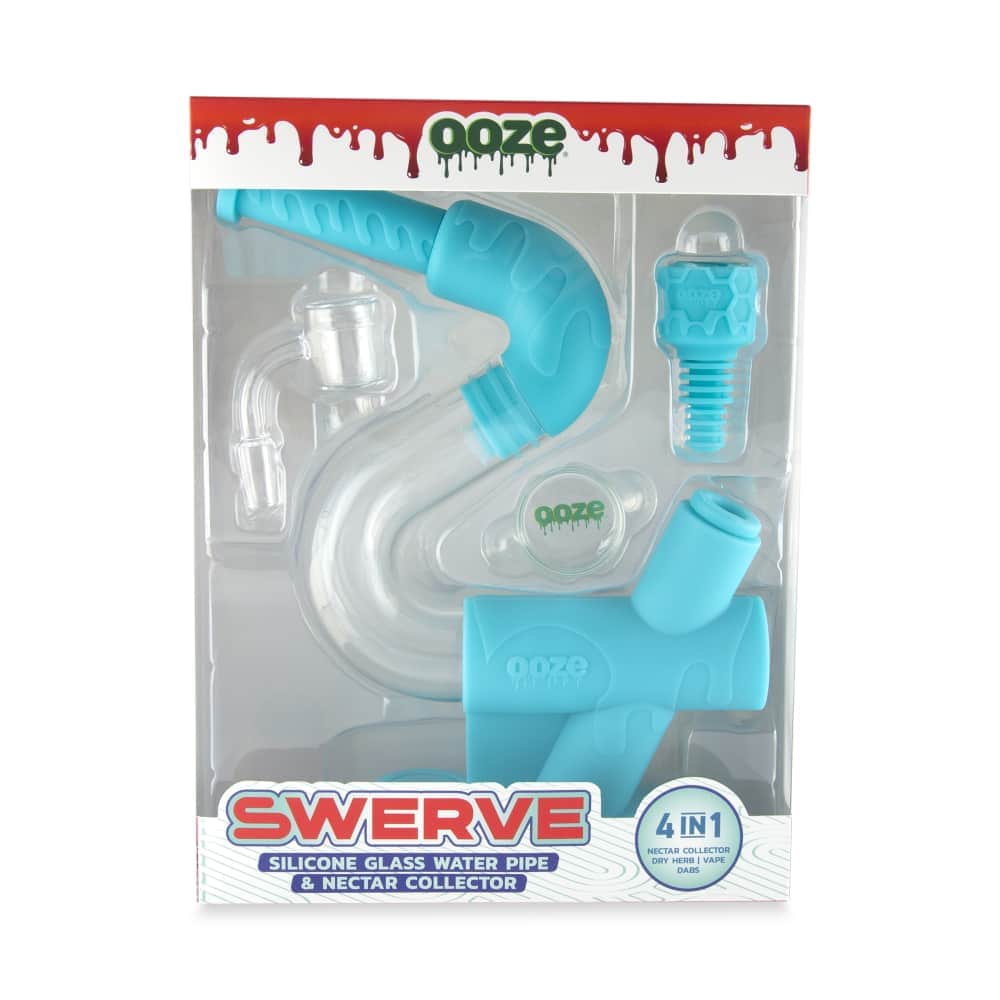 Front view of the Ooze Swerve Silicone Water Pipe, showcasing its colorful, curved design against a black background.