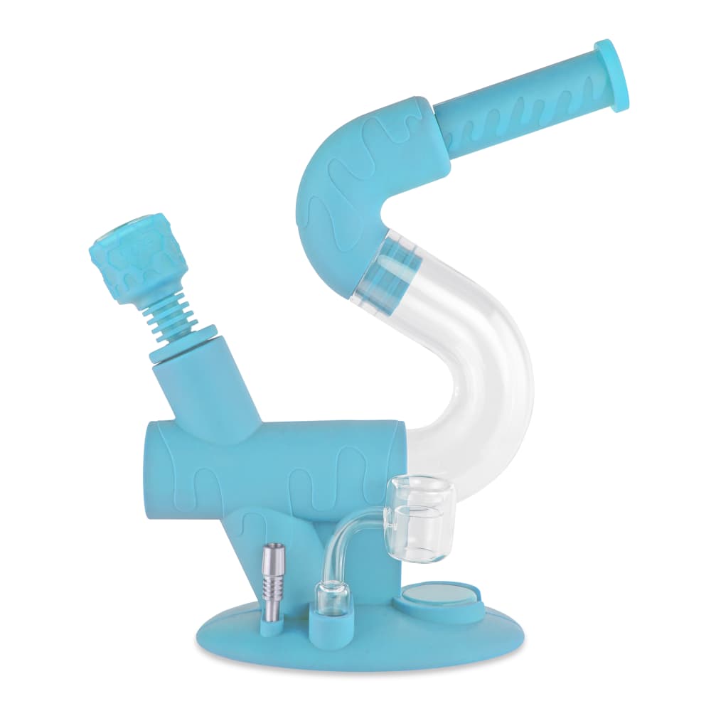 Front view of the Ooze Swerve Silicone Water Pipe, showcasing its curved design and clear glass downstem against a plain white background.