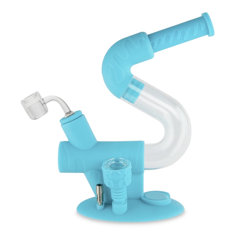 Front view of the Ooze Swerve Silicone Water Pipe, a blue, compact pipe with a rounded base and curved neck.