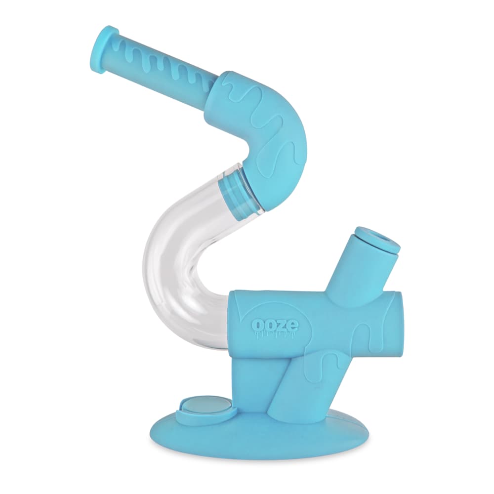 A vibrant, angled studio shot of the Ooze Swerve Silicone Water Pipe, showcasing its curved neck and colorful design.