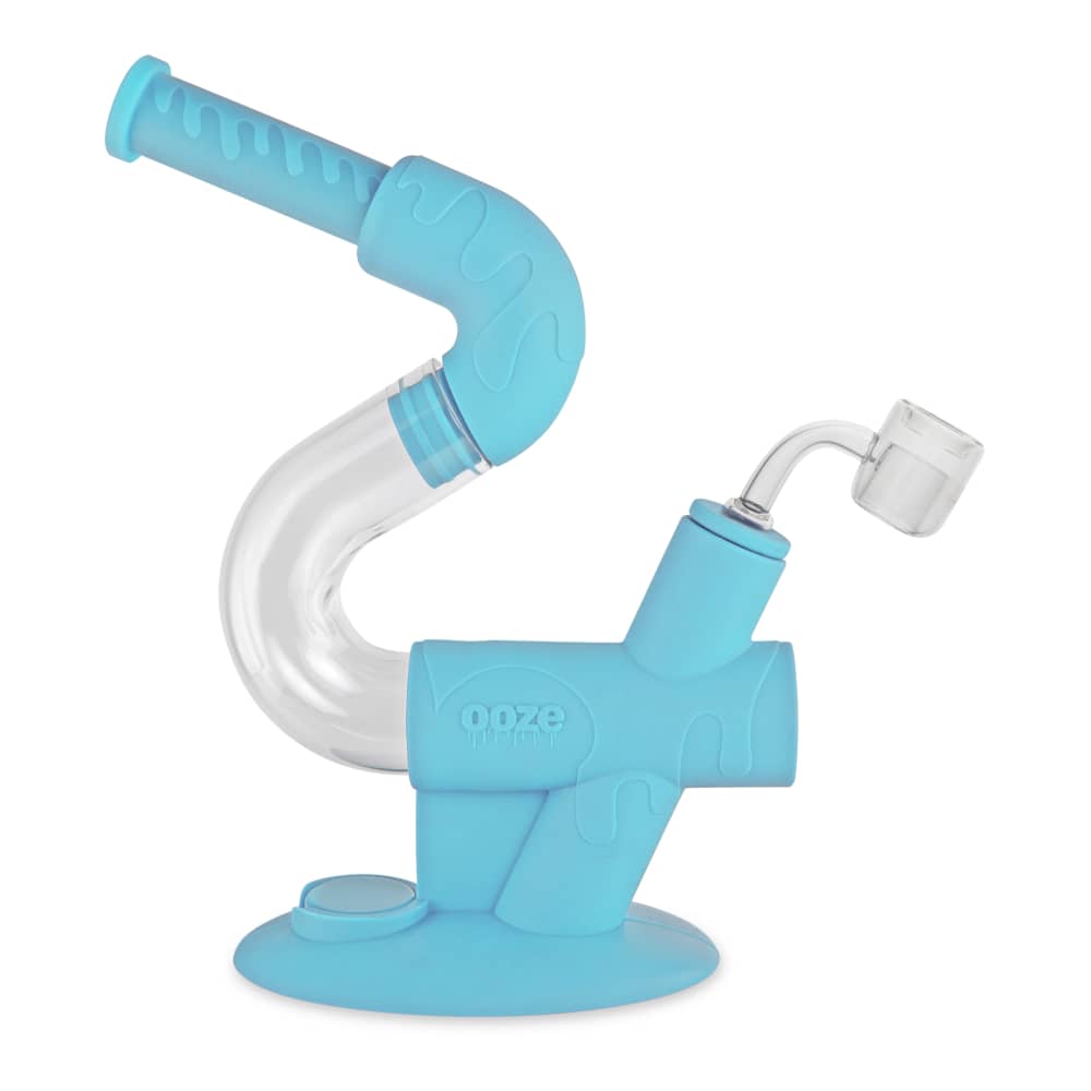 A front view of the Ooze Swerve Silicone Water Pipe, showcasing its blue, curved design and clear glass bowl.
