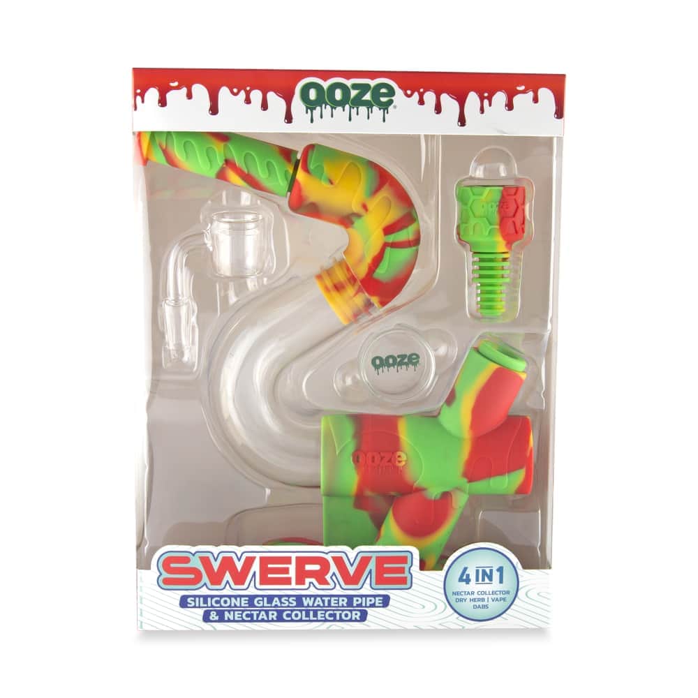 A slightly angled studio shot of the Ooze Swerve Silicone Water Pipe, featuring a colorful, patterned design and a clear mouthpiece.