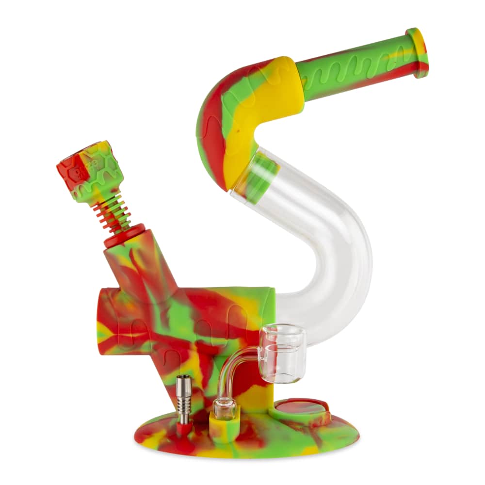 A front view of the Ooze Swerve Silicone Water Pipe, featuring a colorful, curved design and clear glass downstem.