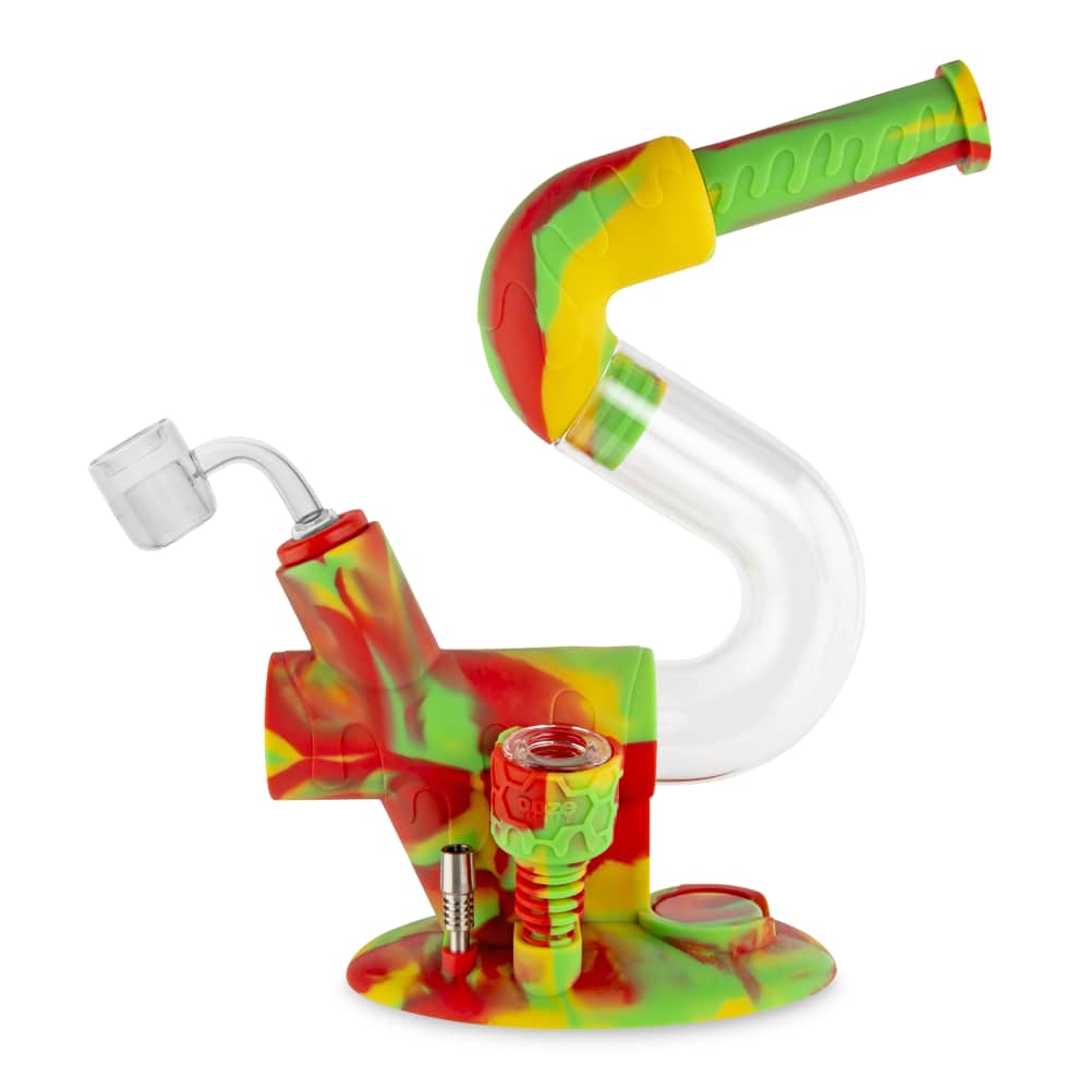 A front view of the Ooze Swerve Silicone Water Pipe shows a colorful, patterned pipe with a clear glass bowl.