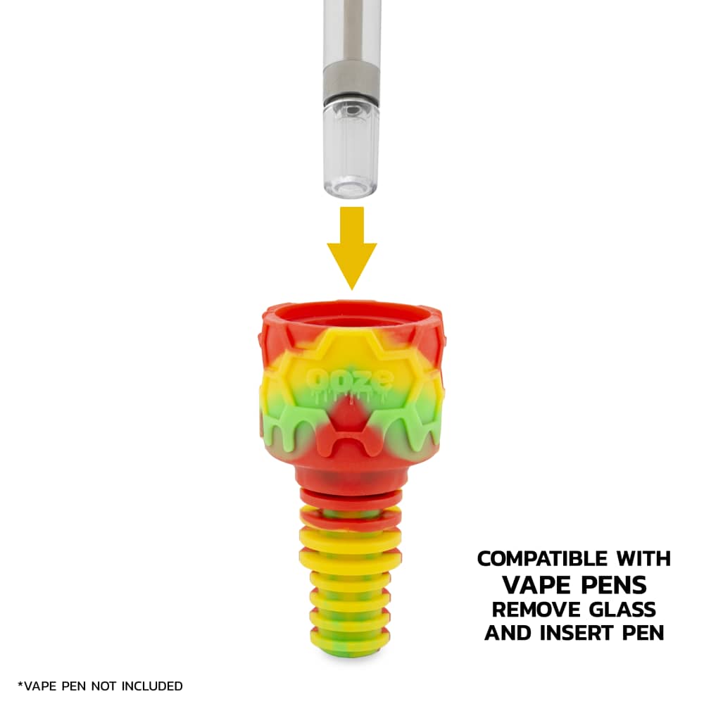 A close-up, angled view of the Ooze Swerve Silicone Water Pipe with a glass insert, showcasing its textured, colorful design.
