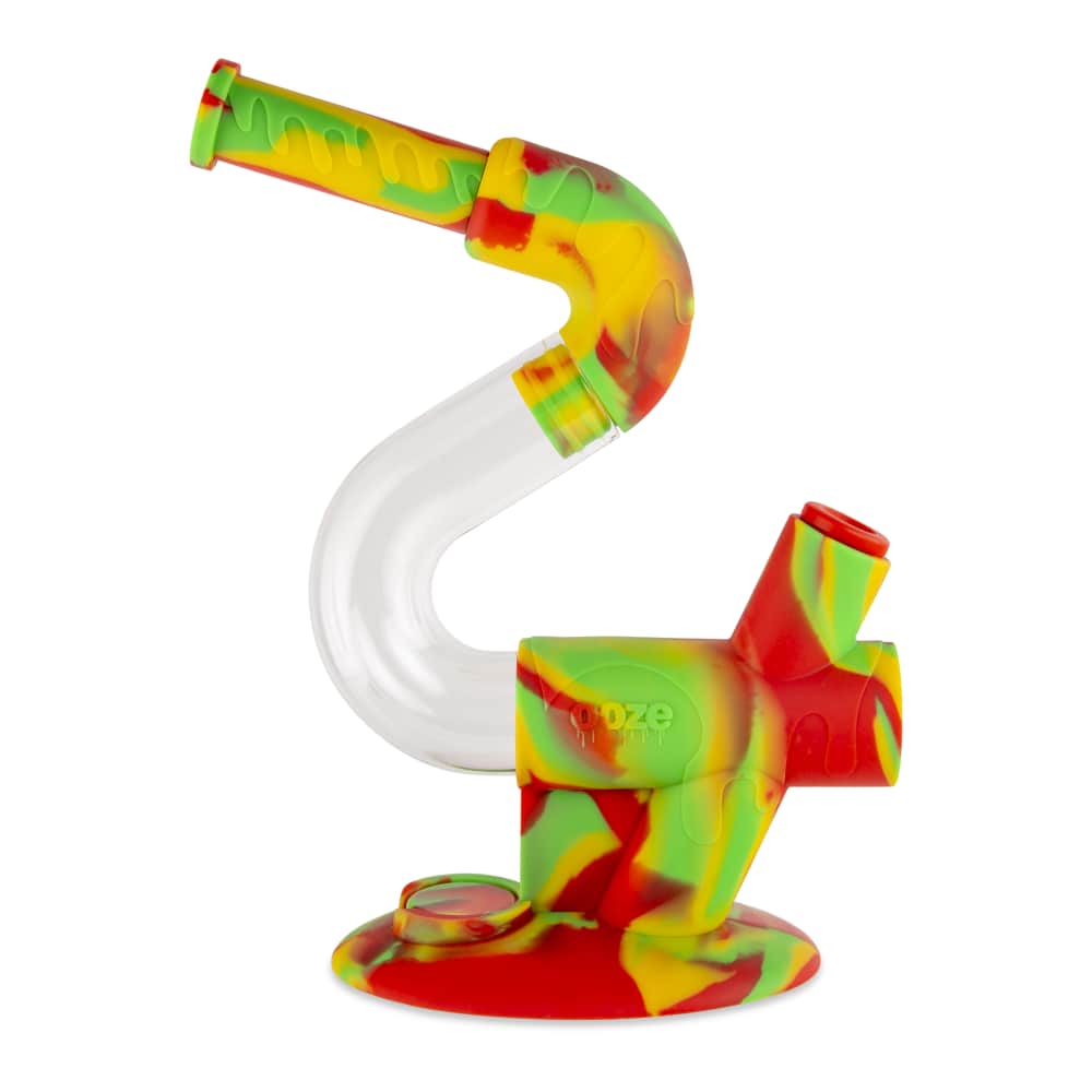 Front view of the Ooze Swerve Silicone Water Pipe, showcasing its colorful, patterned design and curved neck.