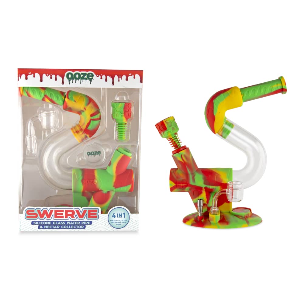 Front view of the Ooze Swerve Silicone Water Pipe in its packaging, showing the colorful, curved design of the water pipe.