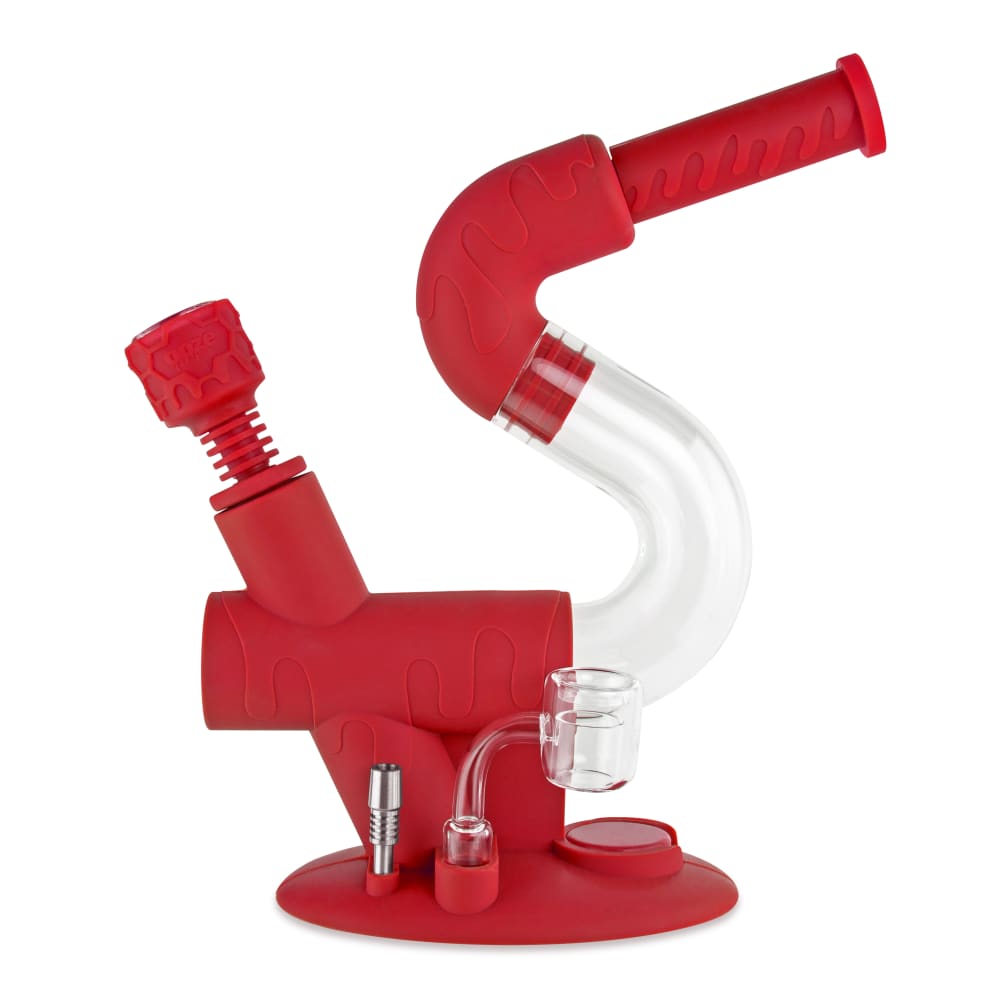 Front view of the Ooze Swerve Silicone Water Pipe, a red, curved water pipe with a clear glass bowl.