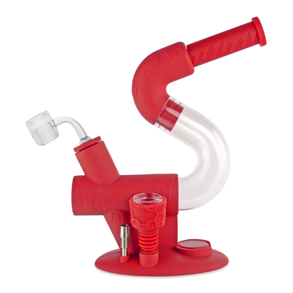 Front view of the Ooze Swerve Silicone Water Pipe, showcasing its red, curved design and clear glass downstem.