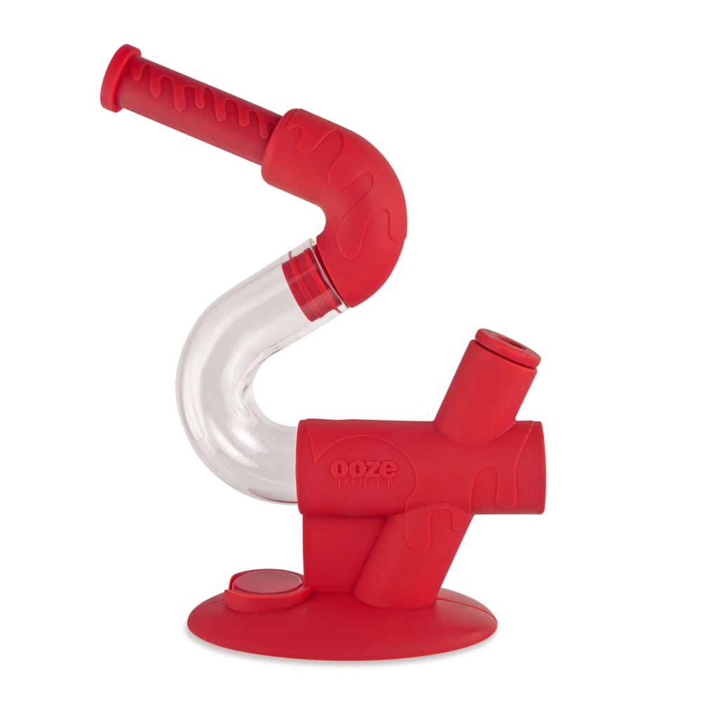 A studio shot of the red Ooze Swerve Silicone Water Pipe, angled slightly, showcasing its curved neck and smooth, modern design.