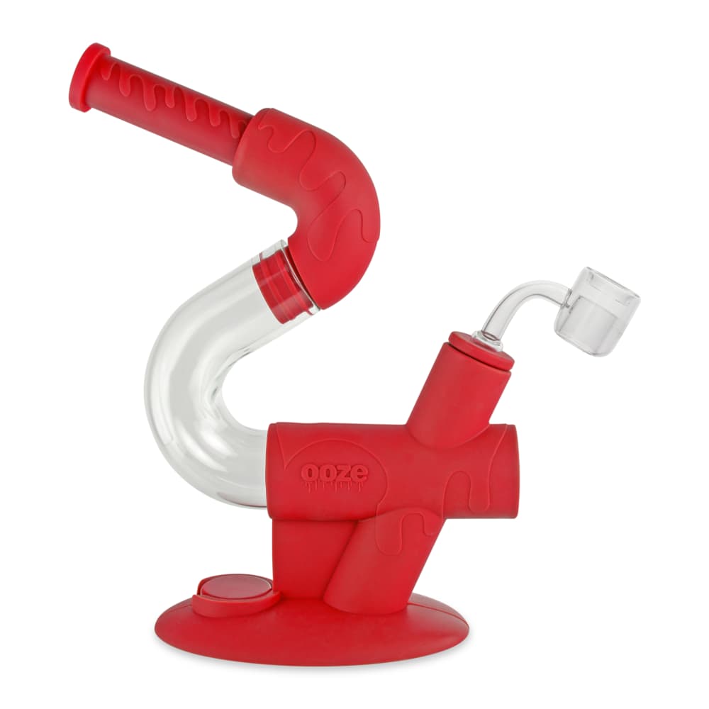A front view of the Ooze Swerve Silicone Water Pipe, showcasing its red, curved design against a plain white background.