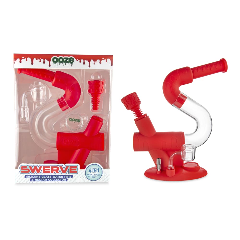 A front view of the Ooze Swerve Silicone Water Pipe, showcasing its red color and smooth, curved design against a plain background.