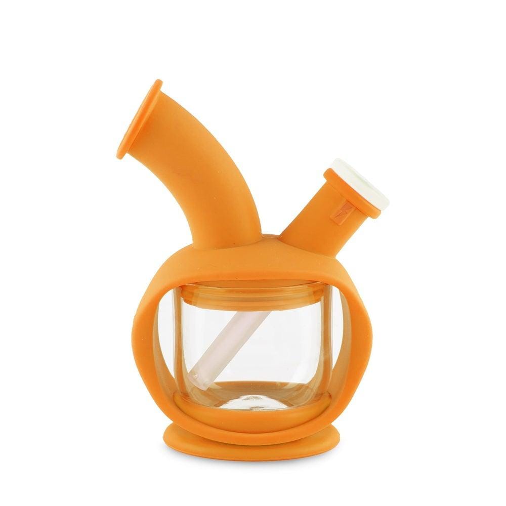 Front view of the Ooze Kettle Silicone Bubbler, showcasing its compact, rounded shape and clear glass construction.