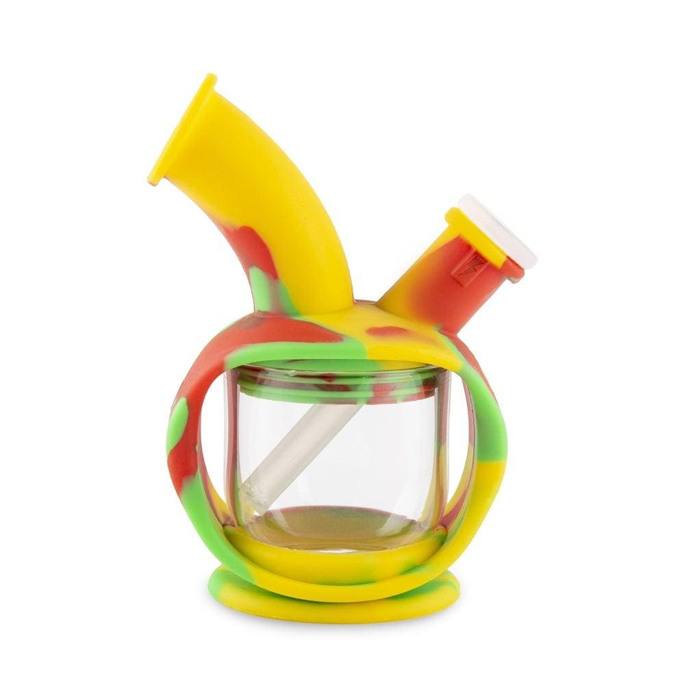 Front view of the Ooze Kettle Silicone Bubbler, featuring a colorful, rounded design and clear glass downstem.