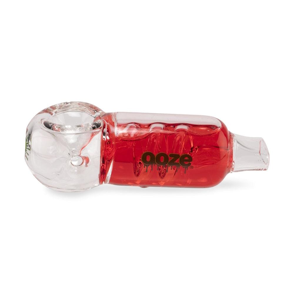 A side view of the Ooze Cryo Freezable Glycerin Glass Bowl, showing its clear glass construction and unique frozen glycerin chamber.