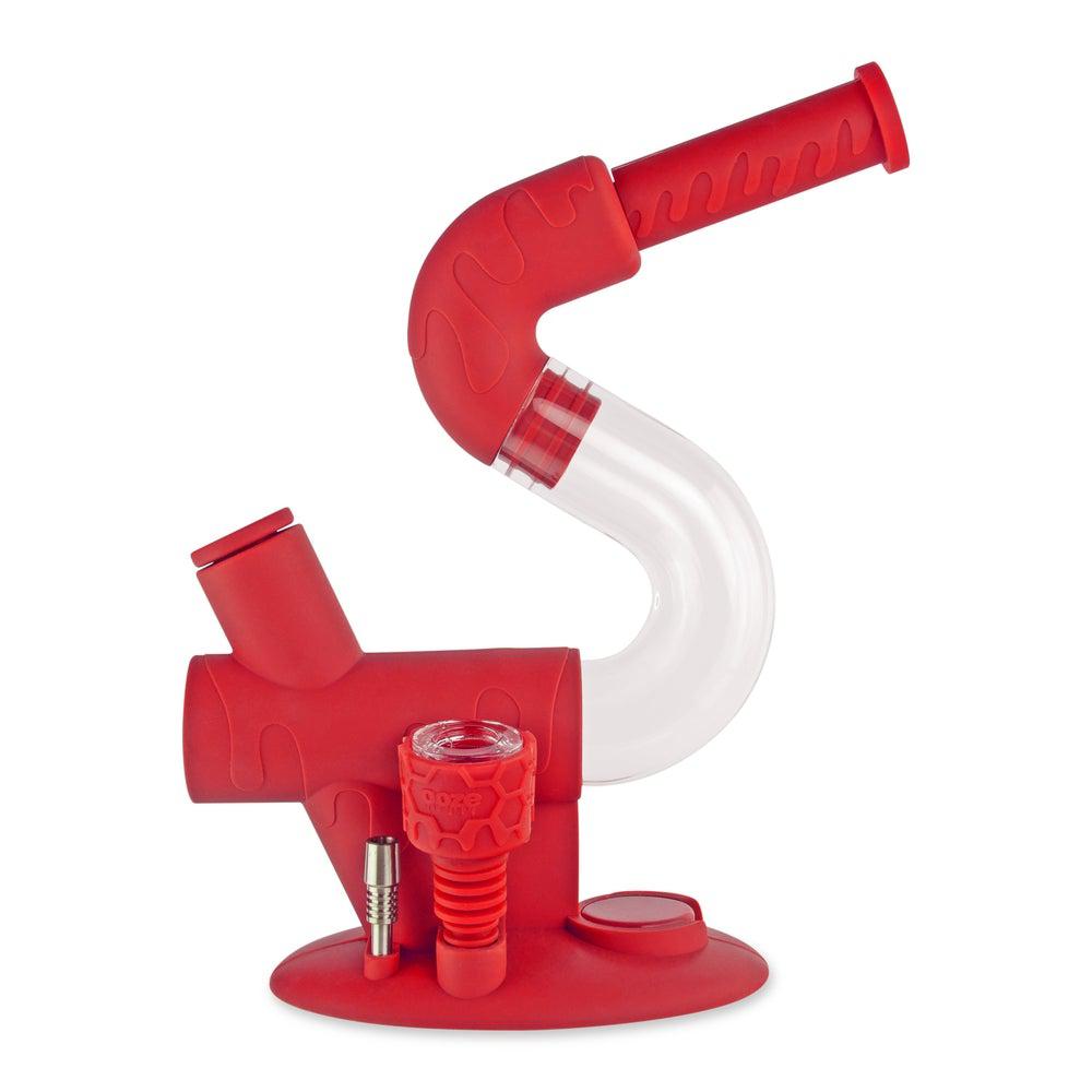 A close-up, angled view of the red Ooze Swerve Silicone Water Pipe, showing its curved neck and clear base.