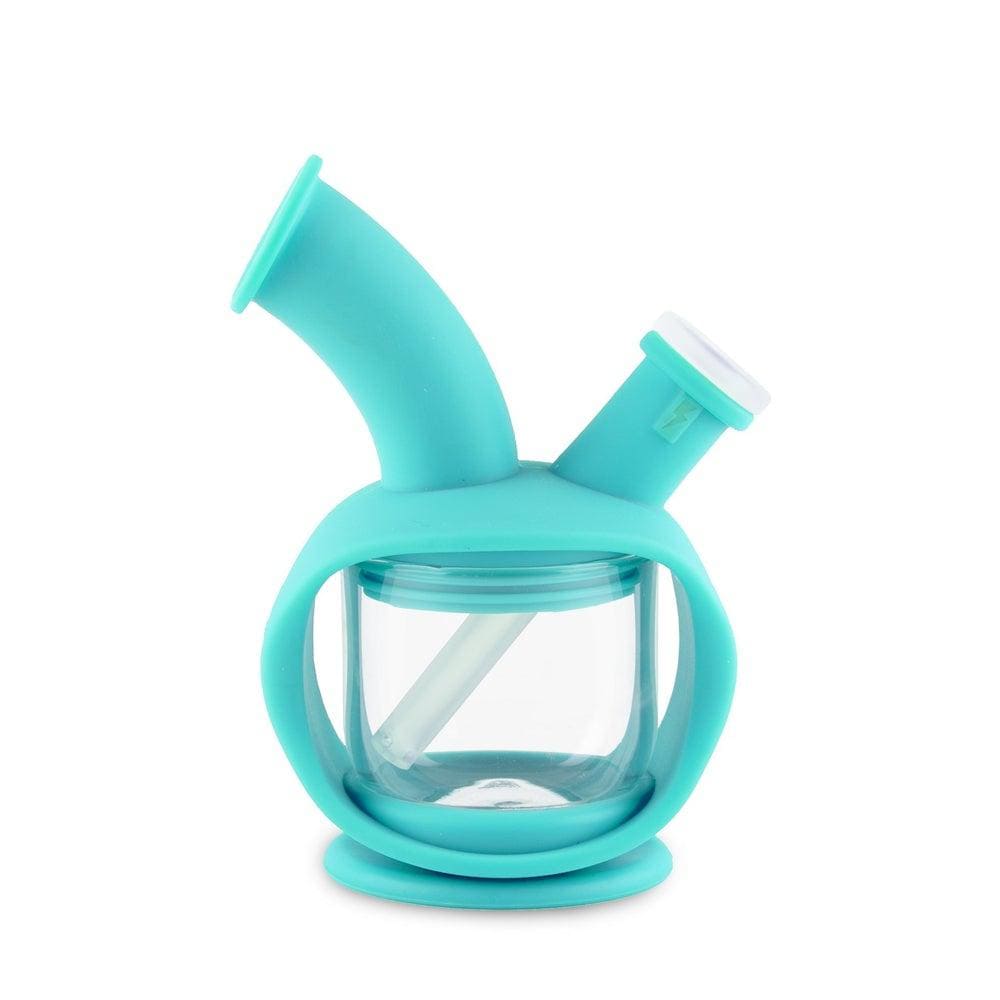 A front view of the Ooze Kettle Silicone Bubbler, showcasing its clear glass construction and compact, kettle-like shape.