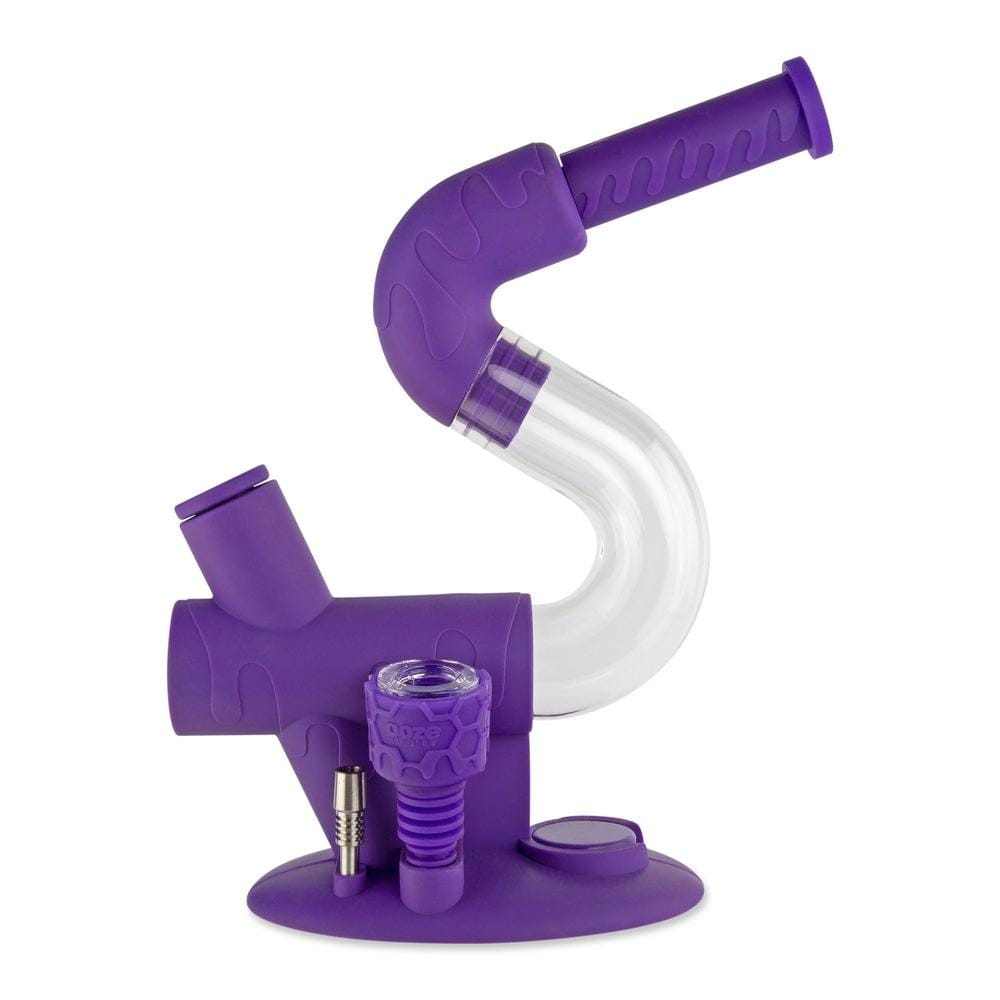A front view of the Ooze Swerve Silicone Water Pipe shows the purple, curved pipe resting on a circular base.