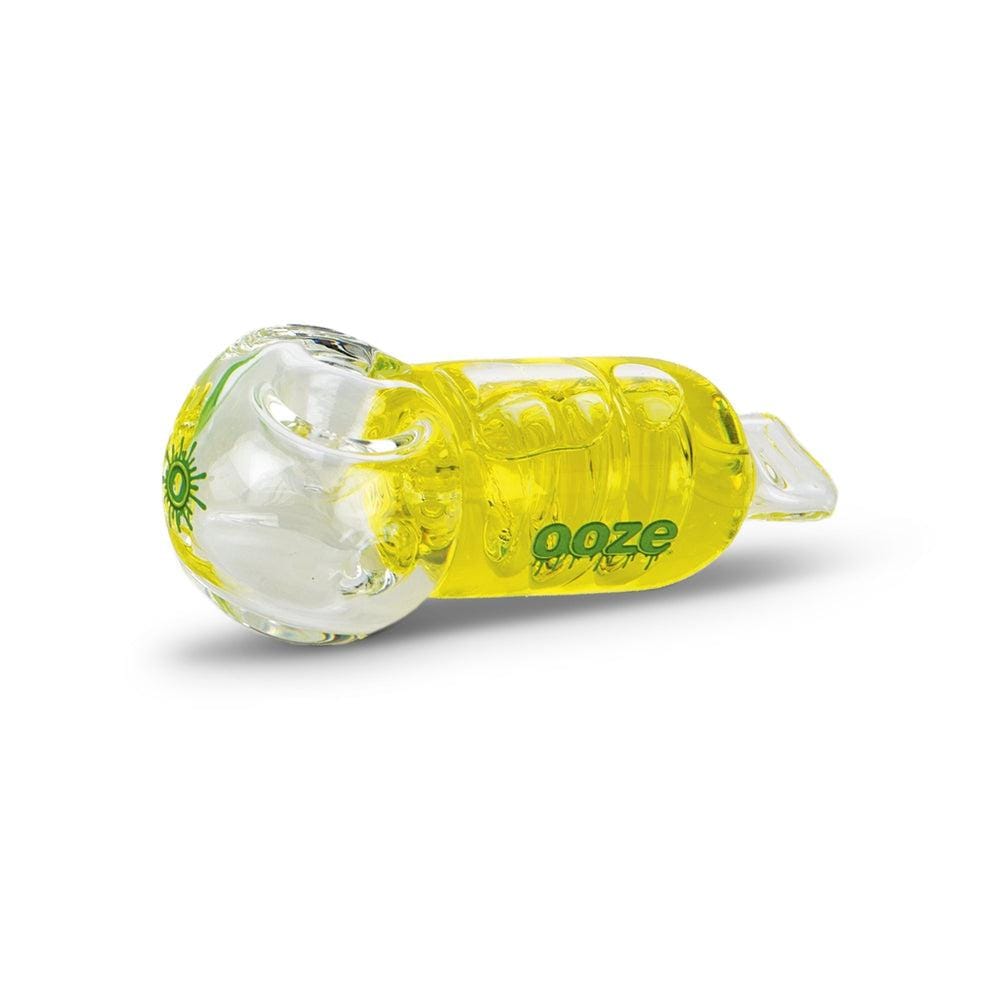 A side view of the Ooze Cryo Freezable Glycerin Glass Bowl, showcasing its clear glass construction and rounded shape.
