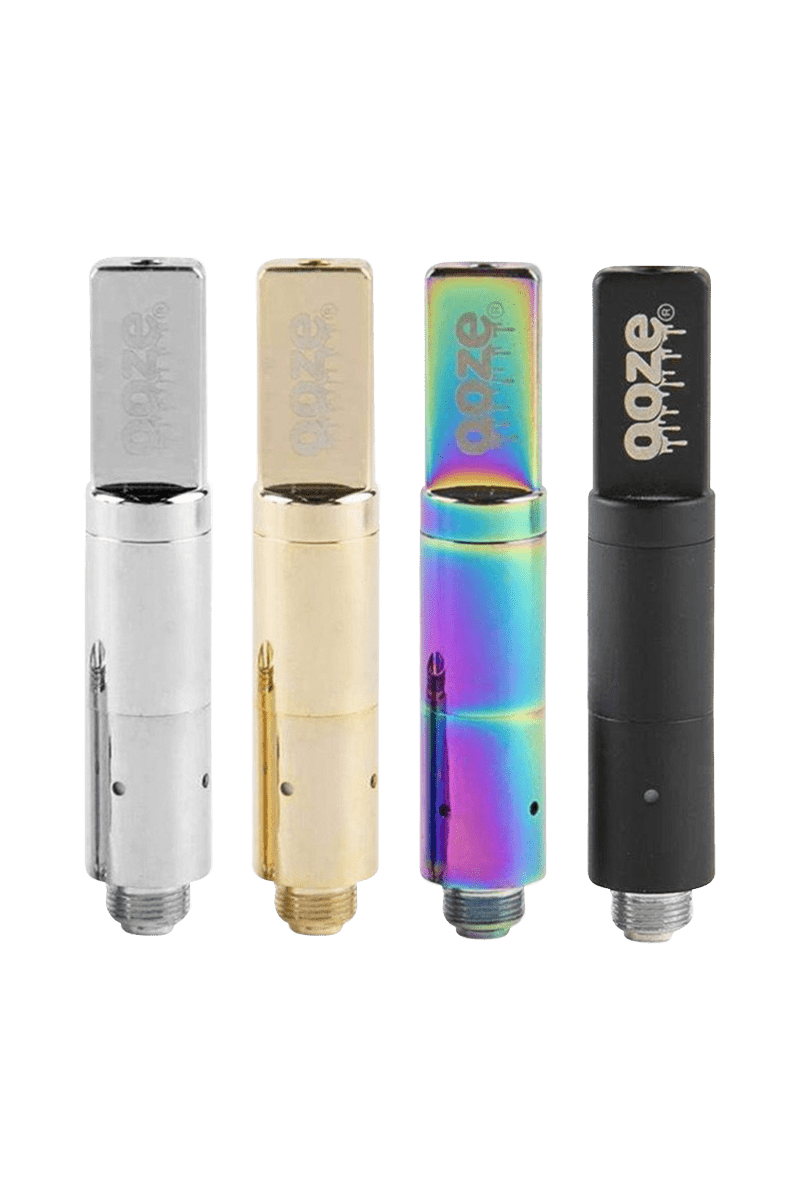 A straight-on shot of the Ooze Slim Twist Pro Wax Atomizer Tank, appearing metallic silver against a plain white background.
