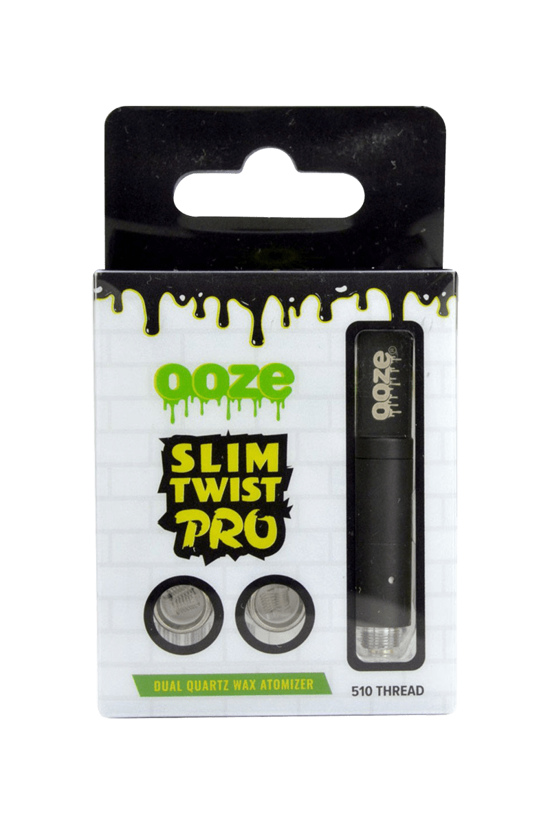Front view of the Ooze Slim Twist Pro Wax Atomizer Tank, displayed against a black background with its branded packaging.