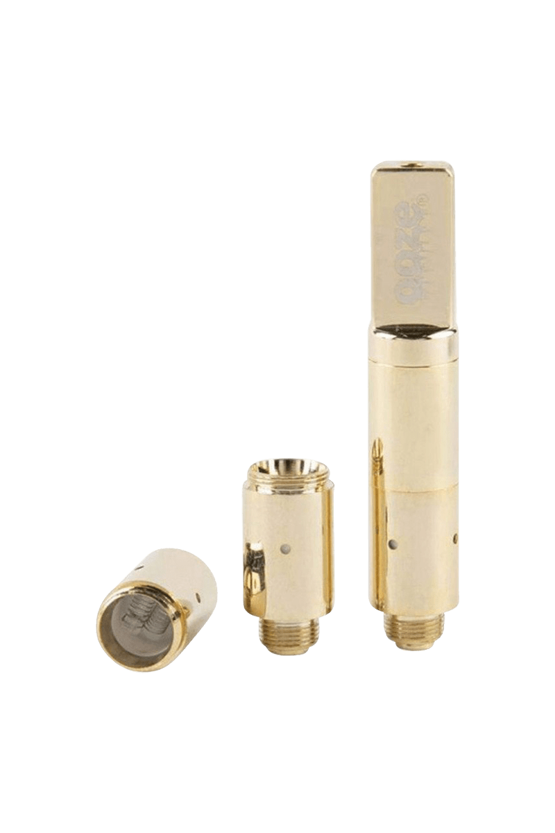 A close-up, angled view of the Ooze Slim Twist Pro Wax Atomizer Tank, showcasing its metallic finish and cylindrical shape.