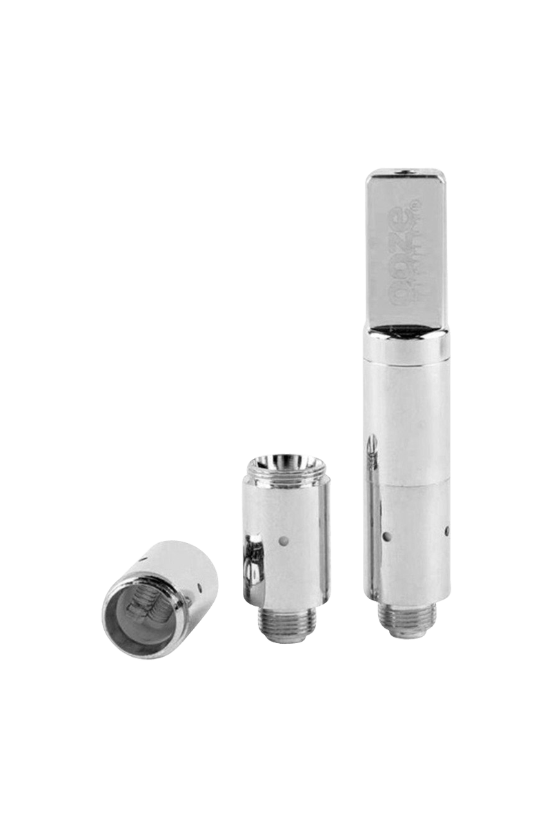 A close-up, angled view of the Ooze Slim Twist Pro Wax Atomizer Tank, showcasing its silver metallic construction and compact size.