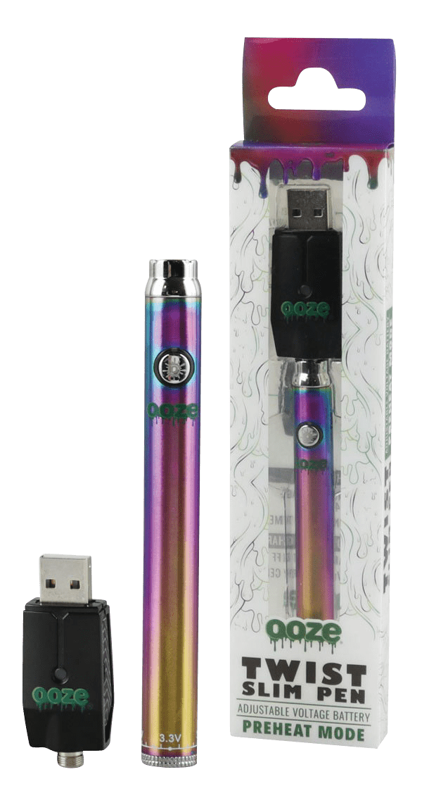 A front view of the Ooze Slim Twist Battery with Charger, angled slightly and displayed against a textured, grey patterned background.