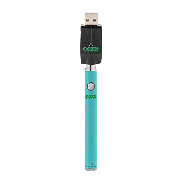 A close-up, angled view of the Ooze Slim Twist Battery with Charger, showcasing its sleek design and USB charging port.