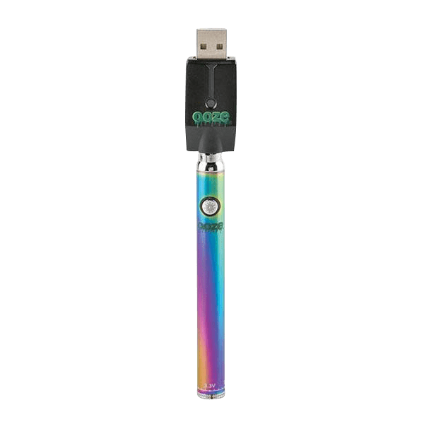 A front view of the Ooze Slim Twist Battery with Charger, featuring a metallic finish and compact design.