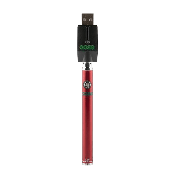 Front view of the Ooze Slim Twist Battery with Charger, showing a silver and black charging component attached to the top of the battery.