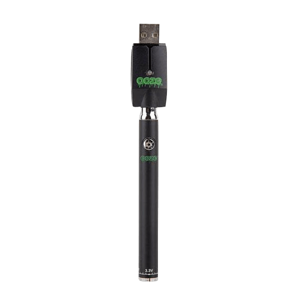 Front view of the Ooze Slim Twist Battery with Charger, displayed with its charging base against a plain white background.